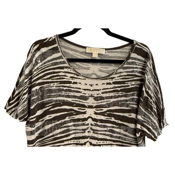 Michael Kors Womens XL Zebra Print Sequin Top Brown White Short Sleeve - Picture 2 of 5